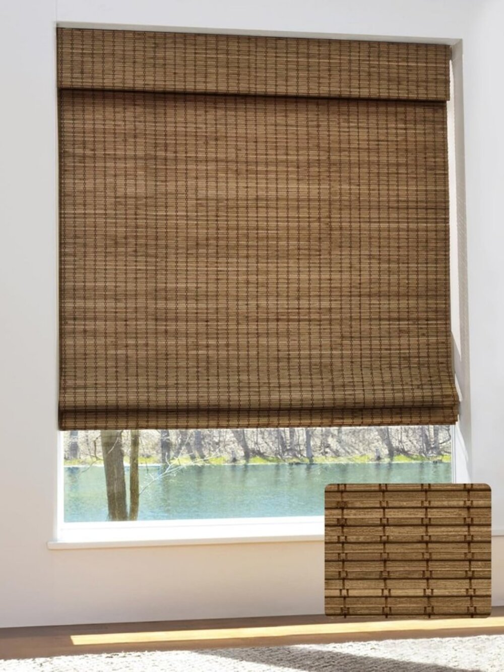 Cordless Bamboo Roman Shades with Valance, 30.5" W x 64" H, Eco-Friendly Window